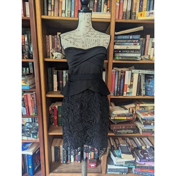Brand New BCBGMAXAZRIA Mock Two Piece Satin & Lace Black Dress Size 10 $398 - Picture 1 of 6